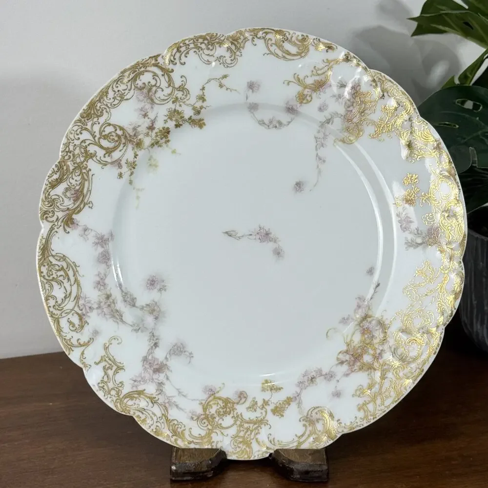 Antique Haviland Limoges H&Co France Pink Floral Gold Scalloped Dinner Plate